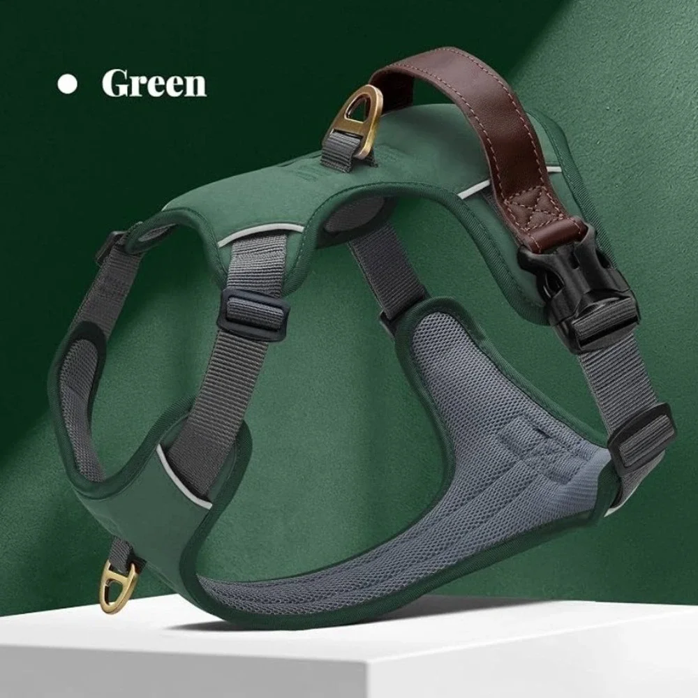 No Pull Dog Harness Genuine Leather Grip Reflective Adjustable Green Large 27-32
